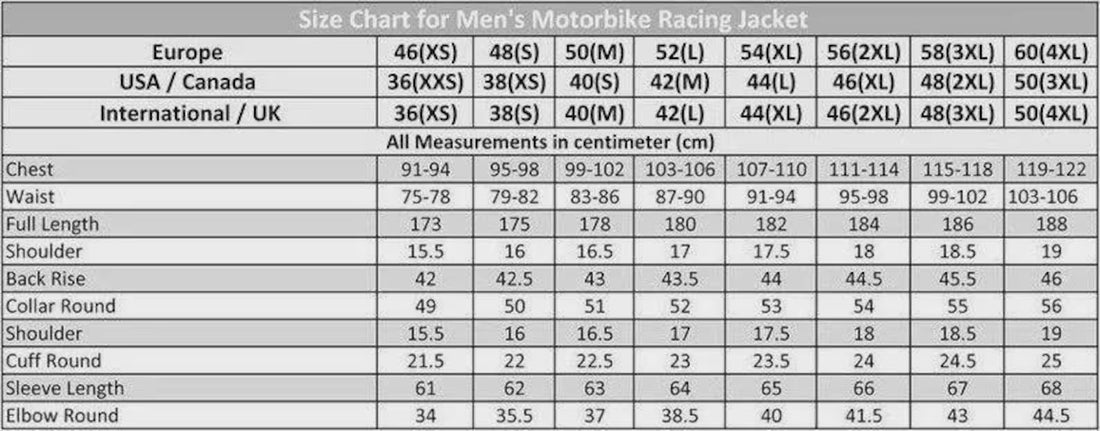 Motorbike Jacket Size Chart - Race Blaze