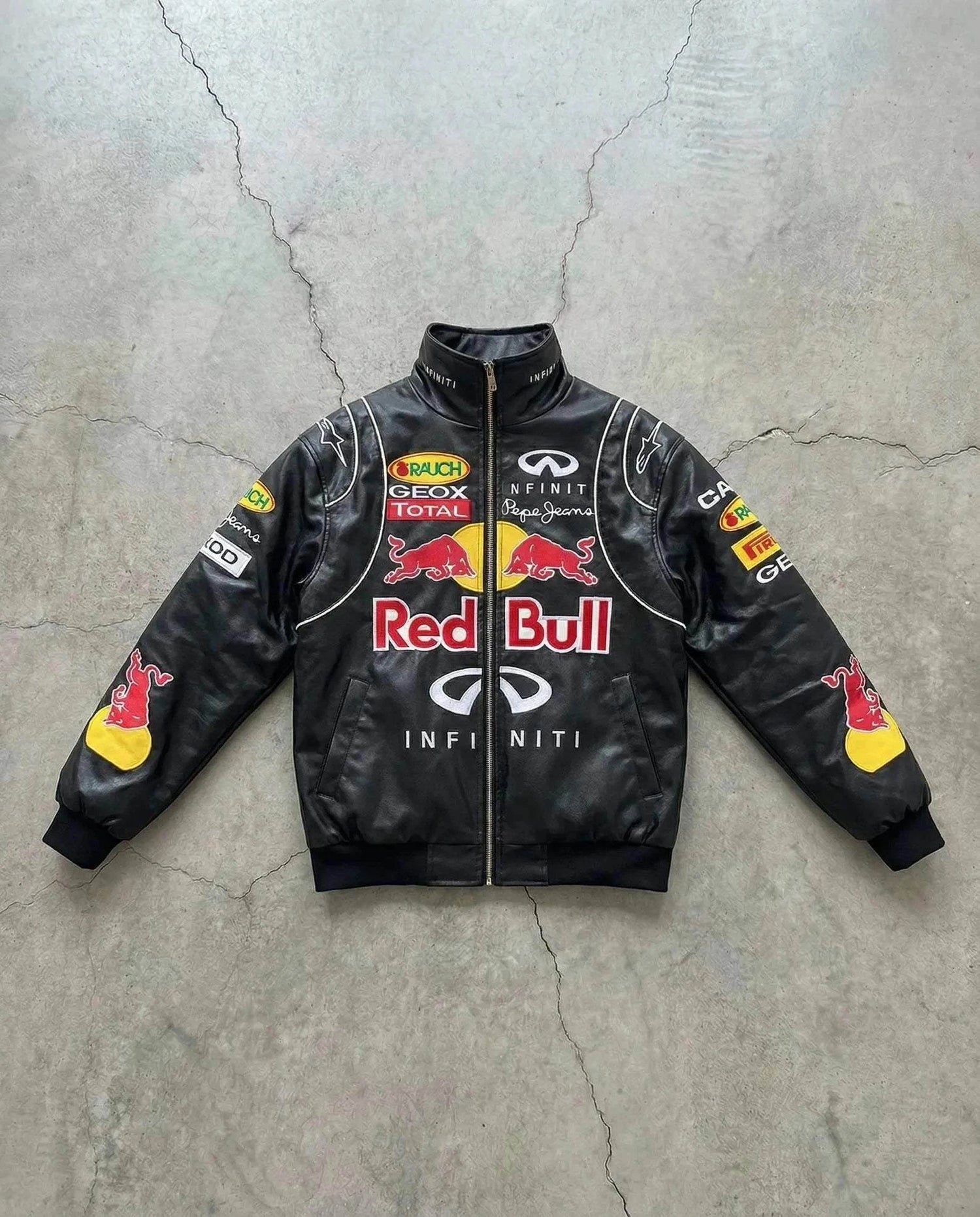 Red Bull Racing vintage style F1 faux leather bomber jacket with retro motorsport design and Y2K streetwear aesthetic