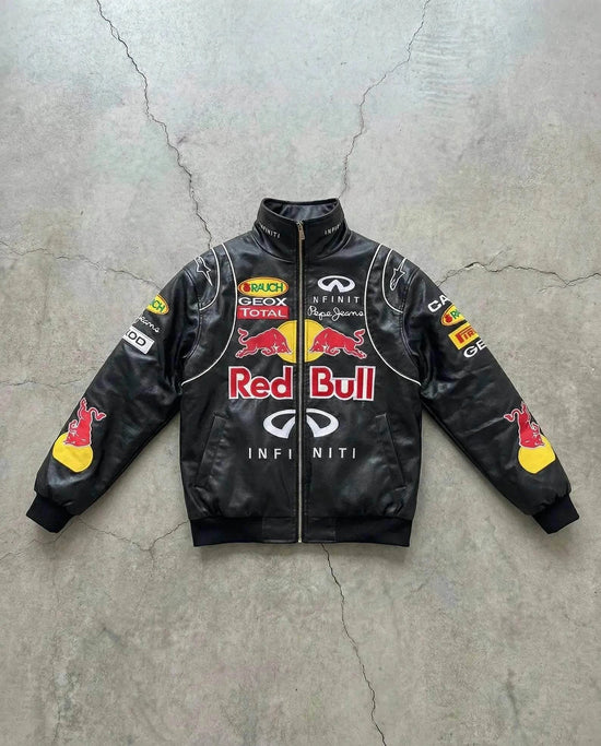 Red Bull Racing vintage style F1 faux leather bomber jacket with retro motorsport design and Y2K streetwear aesthetic