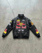 Red Bull Racing vintage style F1 faux leather bomber jacket with retro motorsport design and Y2K streetwear aesthetic