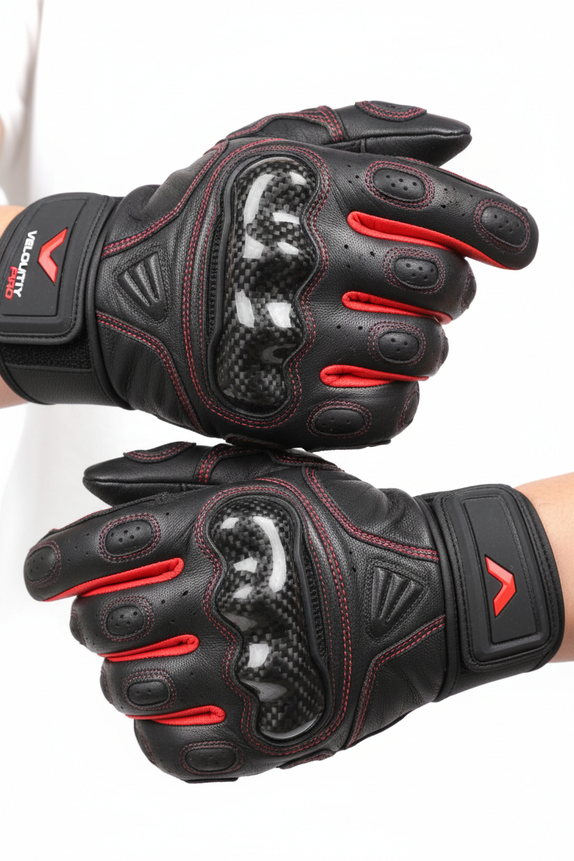 Black leather racing gloves with red stitching and carbon fiber knuckle protection- Race Blaze