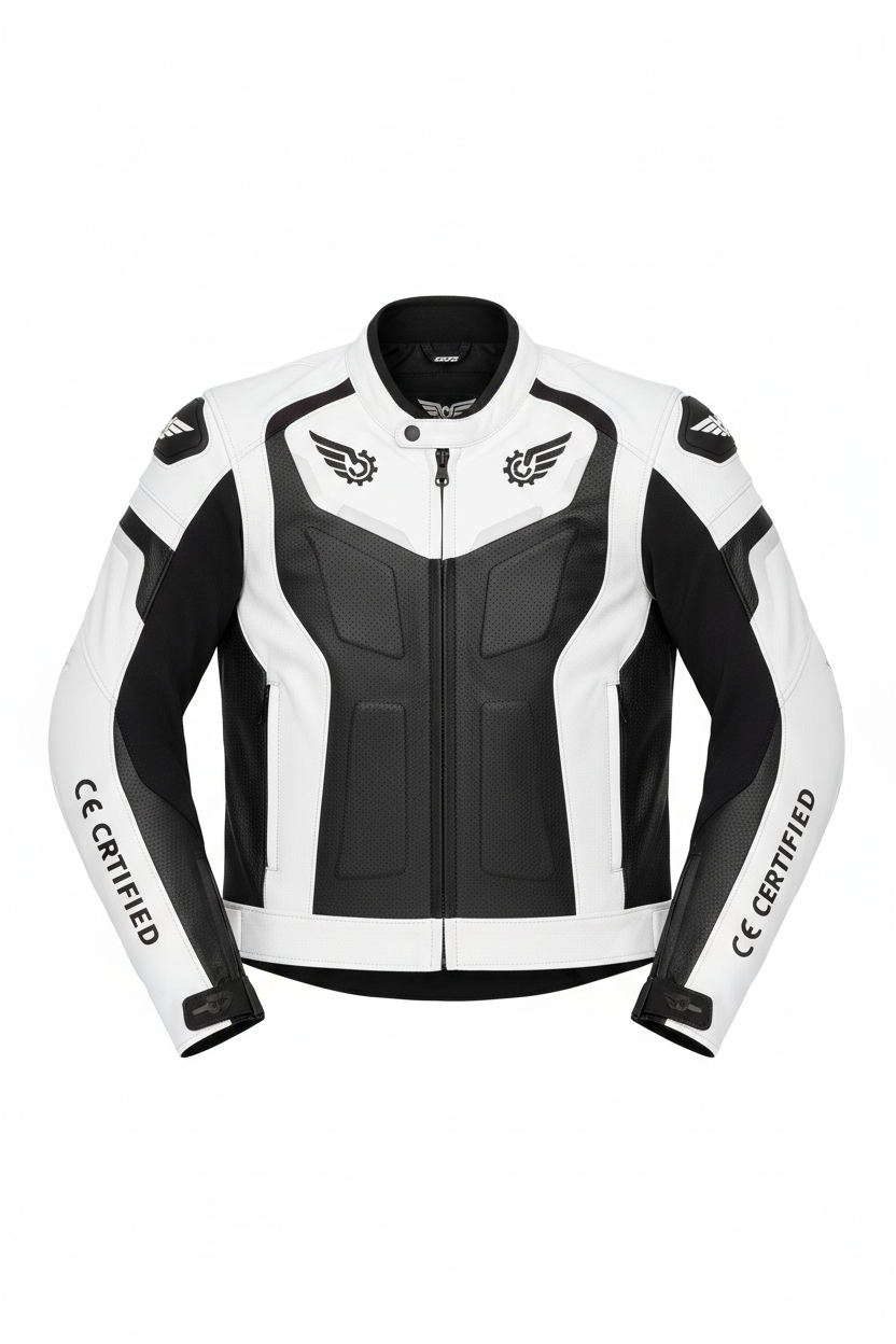 White and Black Sport Motorcycle Leather Jacket - Race Blaze 
