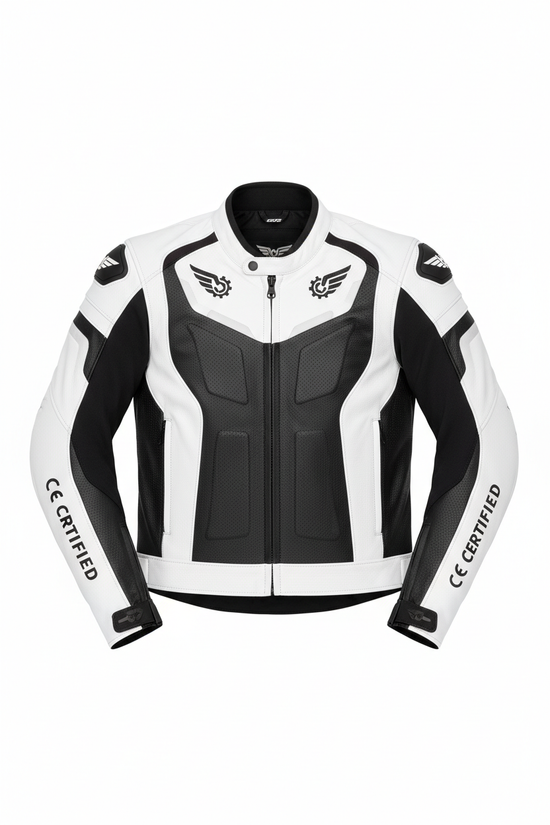 White & Black Sport Motorcycle Leather Jacket with CE Level 2 armor and perforated leather panels