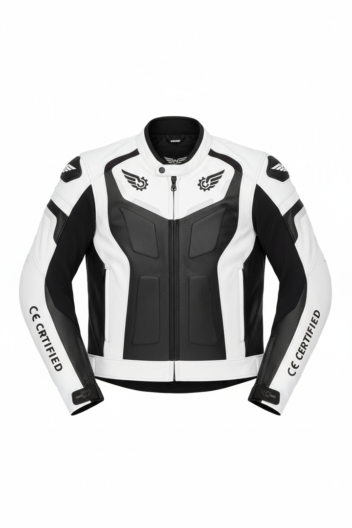 White and Black Sport Motorcycle Leather Jacket - Race Blaze 