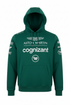 F1 racing hoodie in British Racing Green with sponsor logos and racing patches