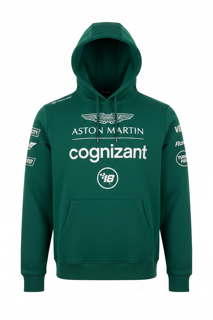 F1 racing hoodie in British Racing Green with Aston Martin branding and sponsor logos.