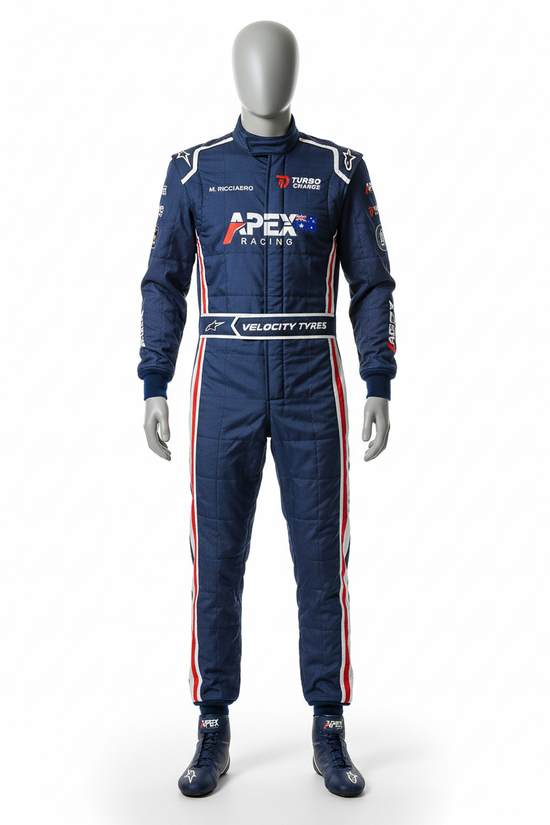 Custom F1 Racing Suit Midnight Navy Edition with embroidered details and customizable patches