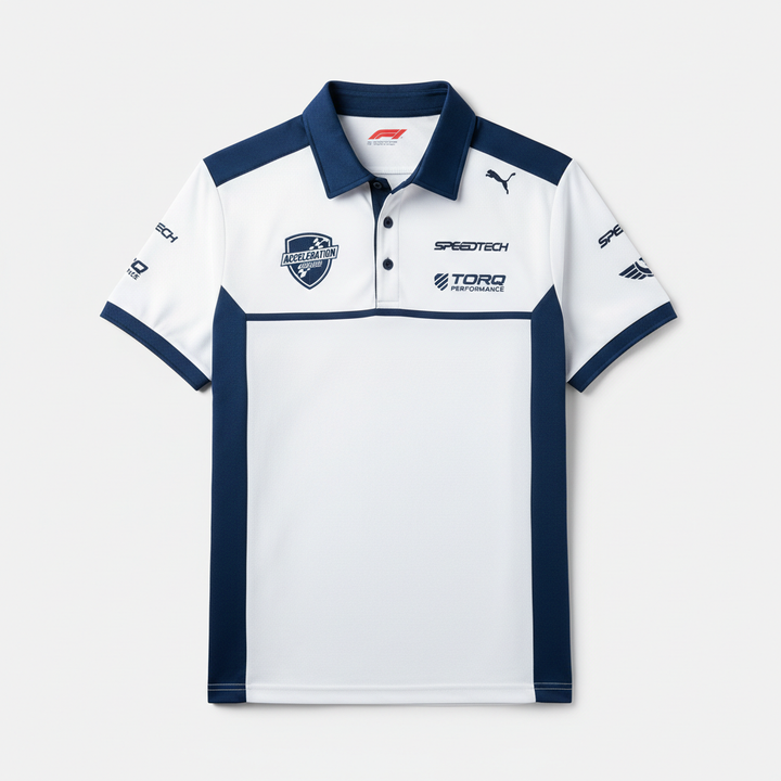 F1 Team Polo Shirt - White/Blue- Race Blaze