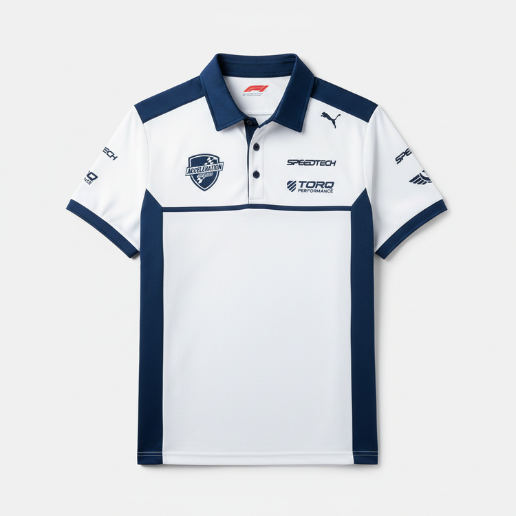 F1 Team Polo Shirt - White/Blue- Race Blaze