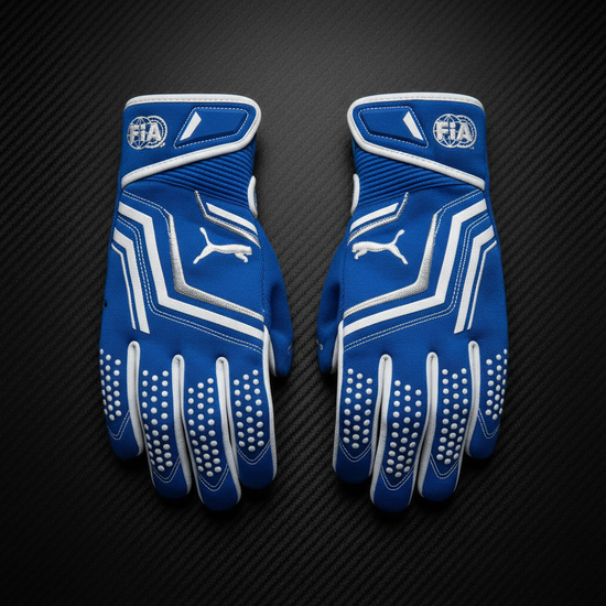 Electric blue and white FIA homologated F1 racing gloves with premium leather, reinforced grip, and breathable mesh panels