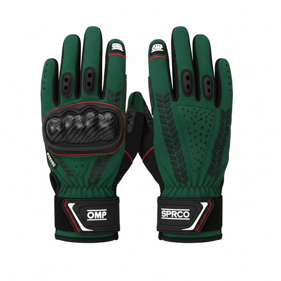 British Racing Green karting racing gloves with anti-slip palm and knuckle protection