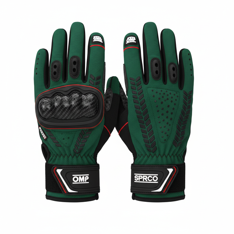 British Racing Green karting racing gloves with anti-slip palm and knuckle protection