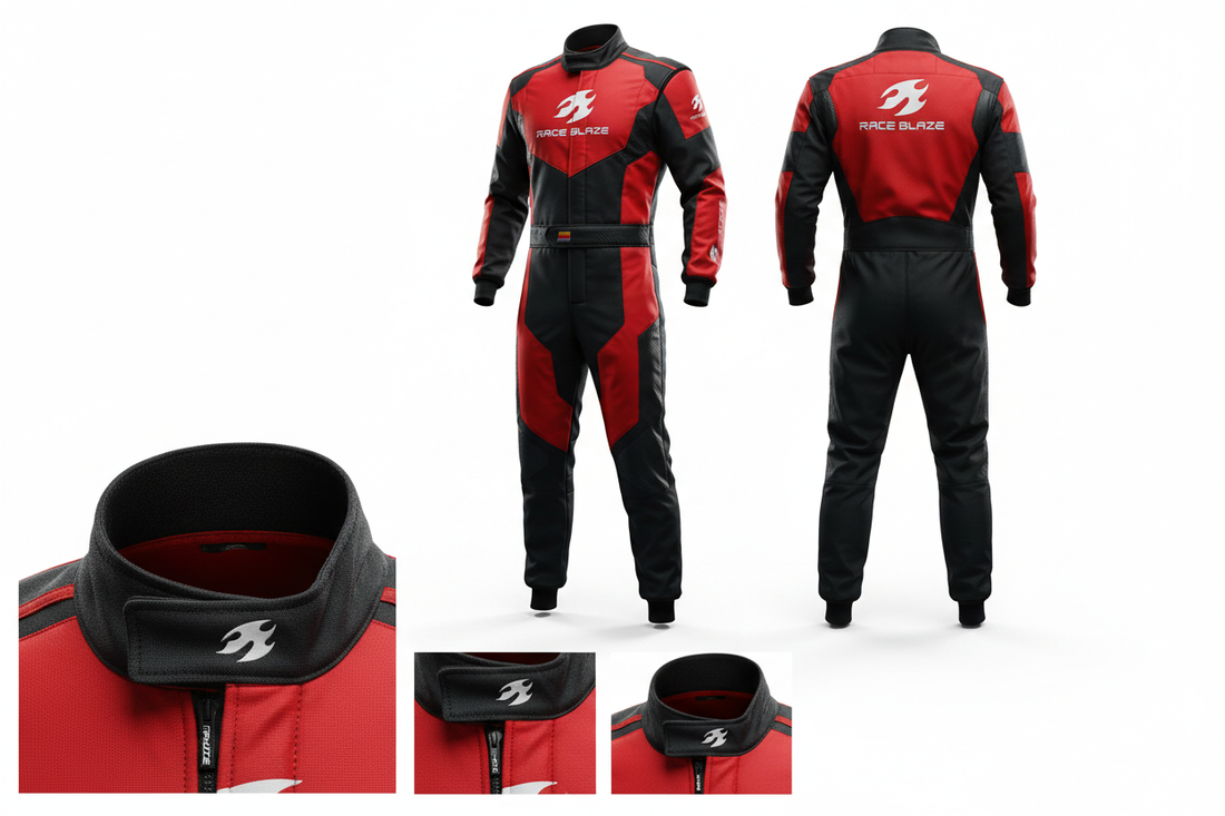 F1 Racing Suit Red Black Product Flat Lay - Race Blaze