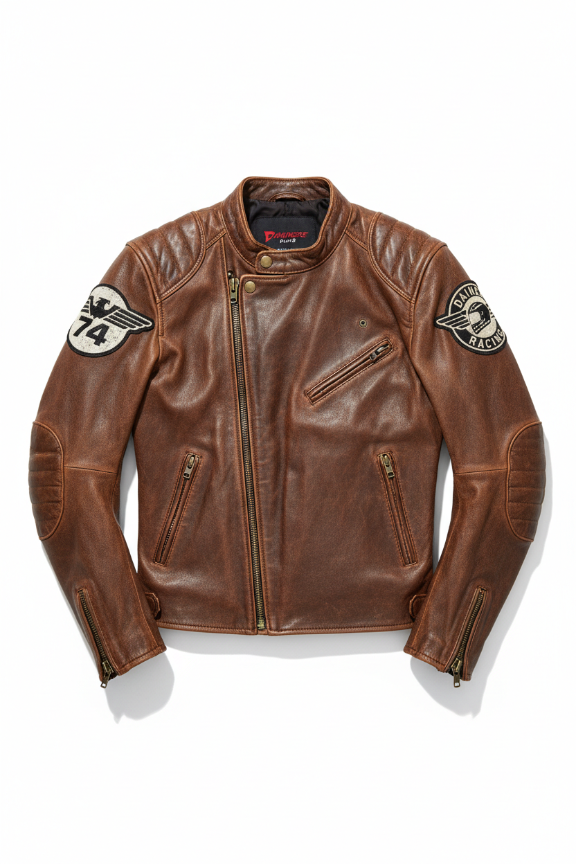 Vintage brown café racer leather jacket with patches and zippers, showcasing premium distressed leather.