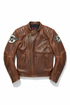 Vintage brown café racer leather motorcycle jacket with distressed cowhide and racing patches