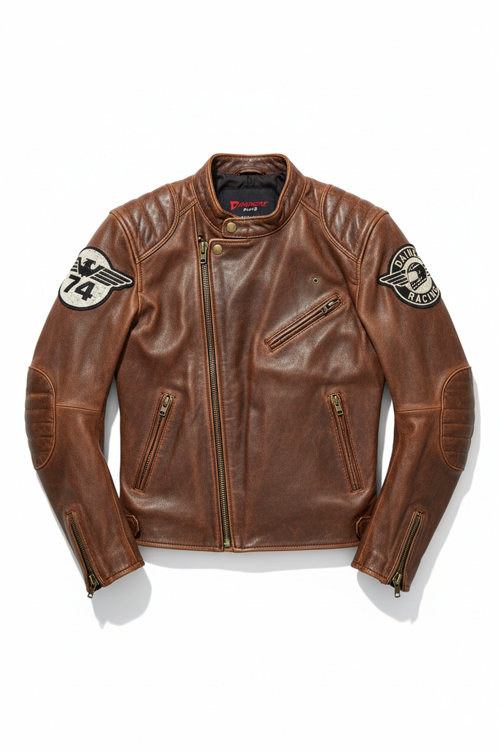 Vintage brown café racer leather jacket with patches and zippers, showcasing premium distressed leather.