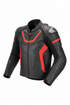 Black and red racing motorcycle leather jacket with CE certified armor and bold red stripes