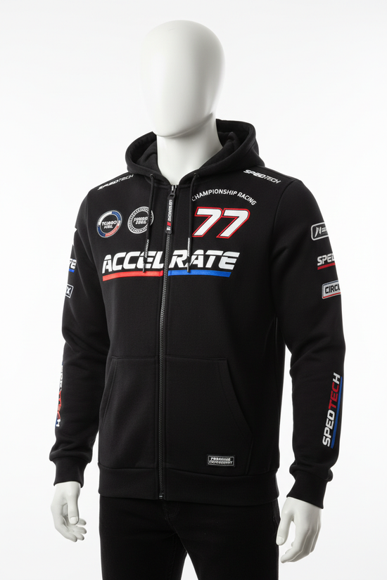 F1 Style Racing Hoodie with sponsor logos and racing patches in five vibrant colors