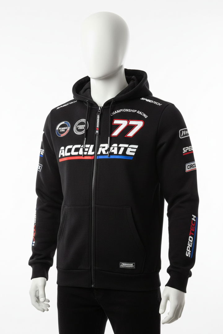 F1 racing hoodie featuring sponsor logos, black zip-up design, and spacious front pockets for fans of motorsport.