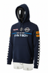 Midnight navy F1 style racing hoodie with checkered flag sleeve and sponsor patches