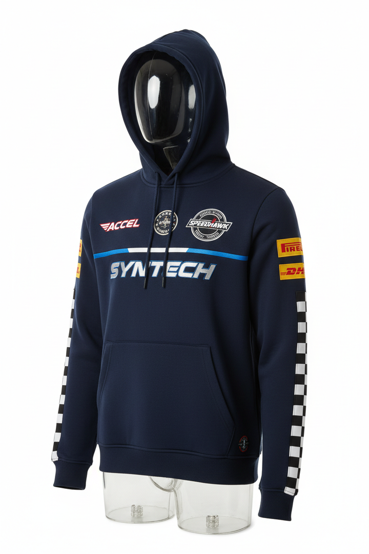F1 racing hoodie in midnight navy with sponsor patches and checkered flag sleeves displayed on mannequin.