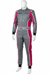 Grey and pink Pro Racing Suit with fire-resistant material and ergonomic fit