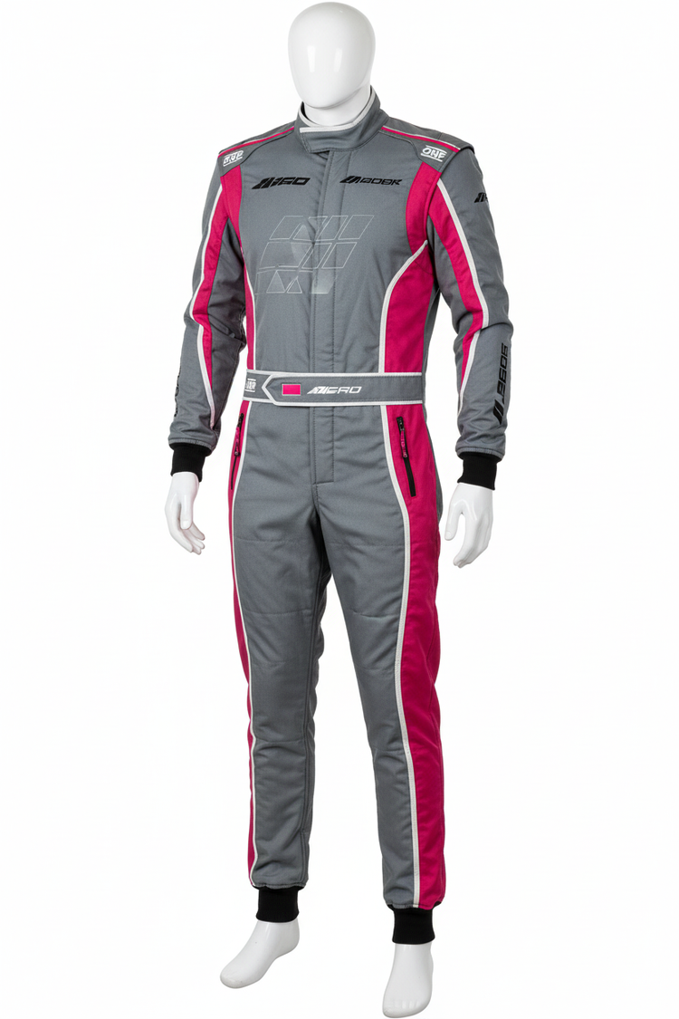 Grey and pink Pro Racing Suit with fire-resistant material and ergonomic fit