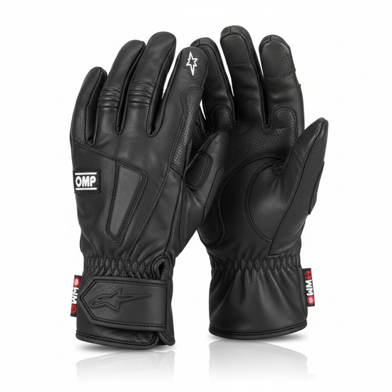 Black FIA racing gloves made of thin fire-resistant leather for professional motorsport drivers