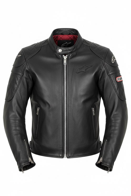 Classic black motorcycle leather jacket with CE Level 2 armor, ventilation panels, and removable thermal liner for durable riding protection