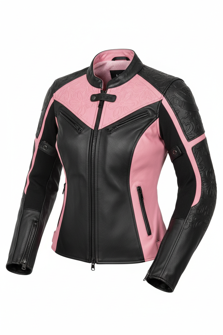 Women's Pink and Black Motorcycle Leather Jacket - Race Blaze 