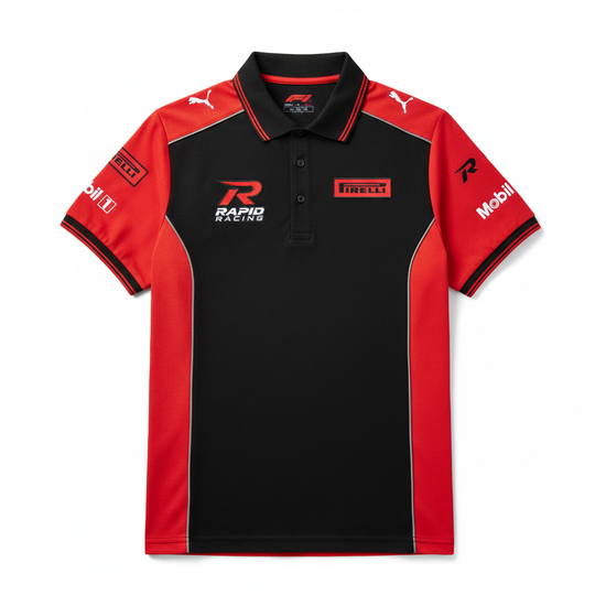 Race Blaze F1 Team Racing Polo Shirt in black with embroidered logo, breathable fabric, and button collar