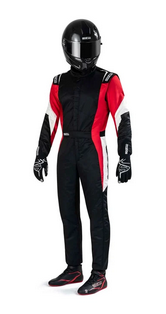 Pro Racing Suit Black Red White full body front view with helmet