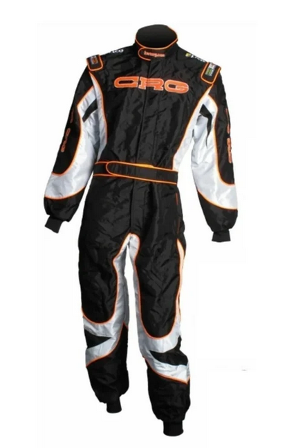 CRG Pro Karting Suit Black Silver Orange front view