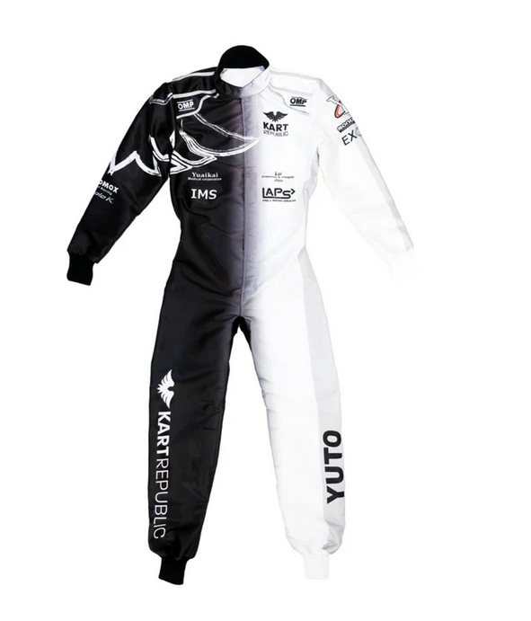 Kart Republic x OMP Pro Karting Suit Black White front view
