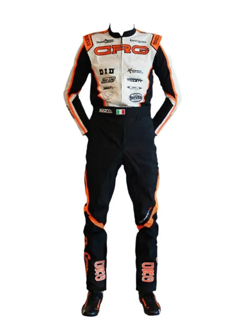 CRG Pro Karting Suit White Black Orange front view