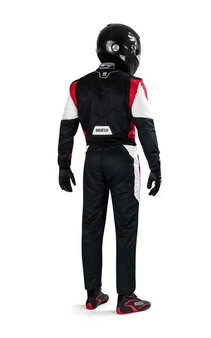 Pro Racing Suit Black Red White full body back view with helmet